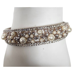 Vtg Faux Pearl Filigree Rhinestone  Hinged  Clamper Bracelet